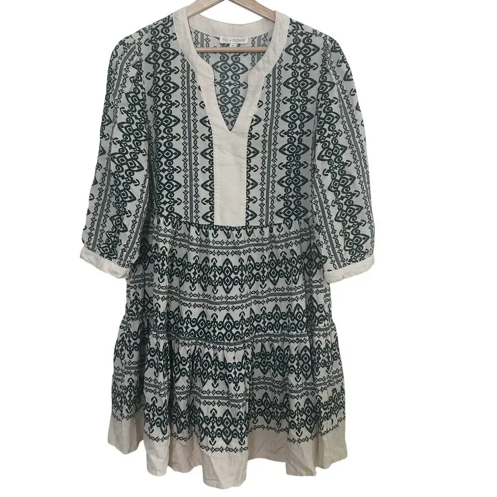 Fig & Flower Dress Boho Cream Green Tiered Knee Length SZ M Anthropologie Derby - Picture 5 of 9